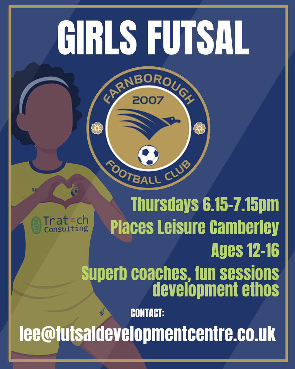 Girls Futsal Sessions! 🏃‍♀️‍➡️

Did you know we also run sessions for girls aged 12-16? 

Sessions run every Thursday at Places Leisure Camberley, 6:15pm - 7:15pm.

Contact Lee at lee@futsaldevelopmentcentre.co.uk for more information