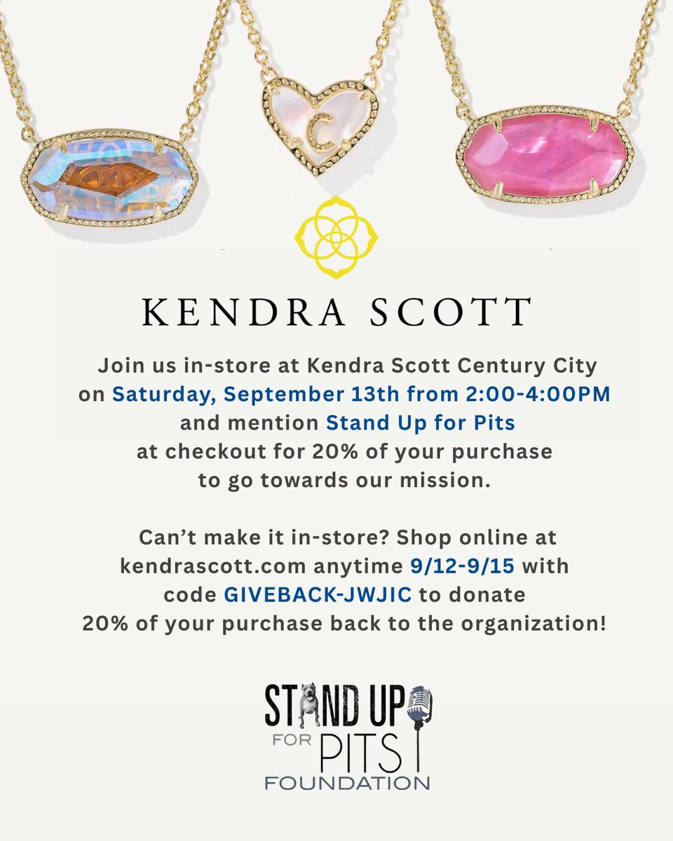 SUFPFoundation's tweet photo. THIS SATURDAY come meet Glenda, Pippen and Todd in store at @KendraScott! 20% of all purchases in store that day and from 9/13-9/15 go directly to the Stand Up For Pits Foundation! RT!
#standuoforpits #save #lives #kendrascott #angelforever #LosAngelesCA https://t.co/bGNvnRS8wO
