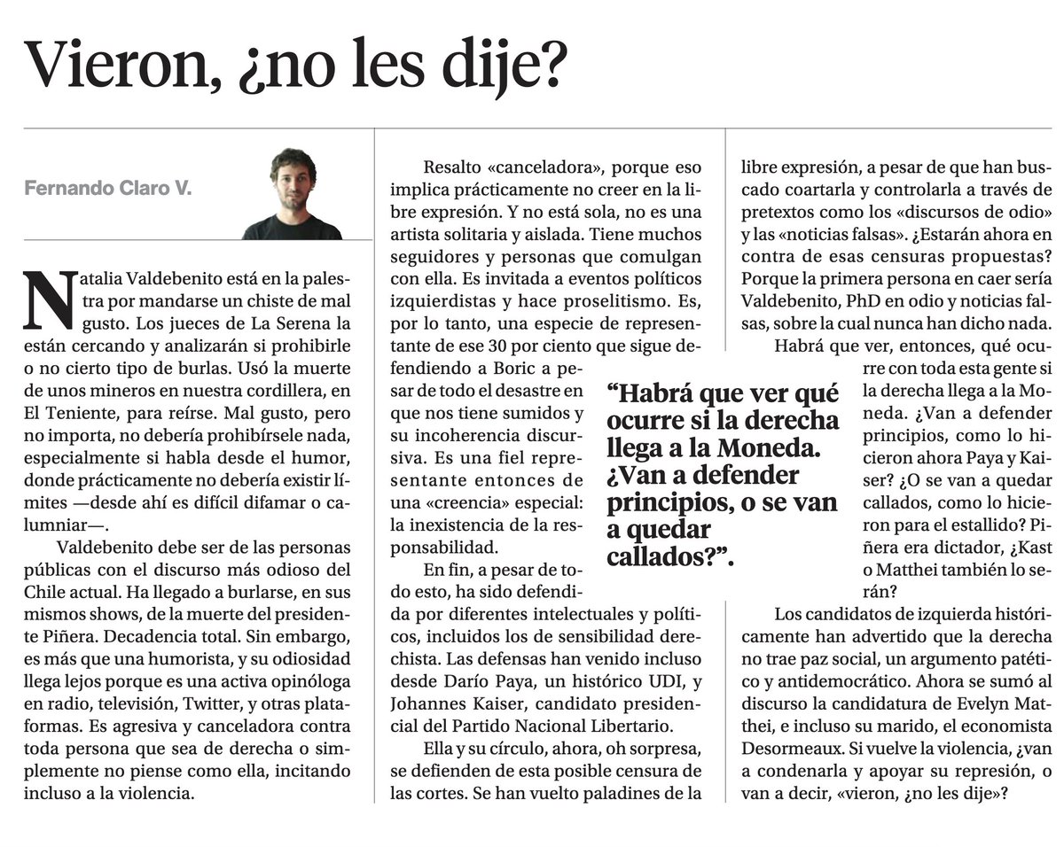[OPINIÓN] 📰 Lee la columna «Vieron, ¿no les dije?», por Fernando Claro (<a href="/tucukere/">Fernando Claro</a>), director ejecutivo FPP, publicada en La Segunda.

Disponible en fppchile.org/vieron-no-les-…
