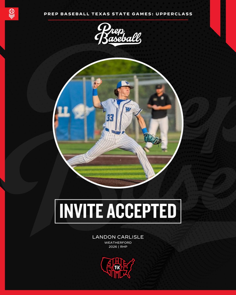 🎟️ #𝐓𝐗𝐒𝐭𝐚𝐭𝐞𝐆𝐚𝐦𝐞𝐬𝟐𝟓: 𝐈𝐧𝐯𝐢𝐭𝐞 𝐀𝐜𝐜𝐞𝐩𝐭𝐞𝐝 

2026 RHP Landon Carlisle (<a href="/LandonCarl_3/">Landon Carlisle</a>| <a href="/WHSRooBaseball/">Roo Baseball</a>) is headed to The Texas State Games (Upperclass) at Weatherford College on September 19-21.

<a href="/PB_Uncommitted/">Prep Baseball Uncommitted</a>

🖇️ loom.ly/powpwyg
