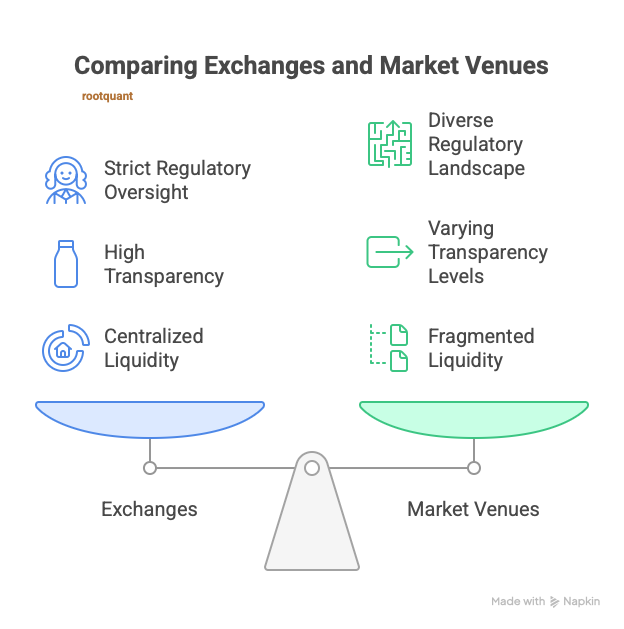 rootquant's tweet image. /root/log/001
Are Exchanges really the market? Or are they just storefront? Real volume lives off-exchange…
When people say “exchanges” and “market venues”, they often use them interchangeably, but they’re not the same thing. Here’s the quick breakdown: