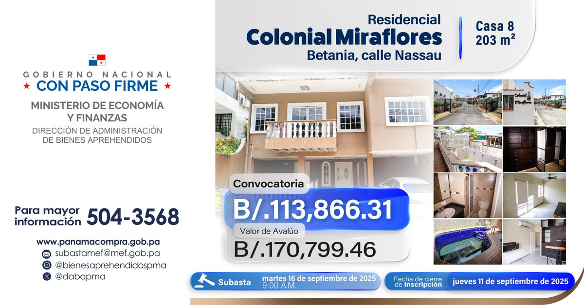 Les invitamos a participar de la siguiente convocatoria:
✅Colonial Miraflores, Casa N°8.  
✅203 m2 [3 R., 4.5 B., c/b/e, sala-comedor, piscina, terraza ,  2 estac.].
✅Cierre: 11-sept- 2025, 3:00 p.m.
✅Subasta: 16 -sept-2025, 9:00 a.m.
✅Acto No. 2025-0-16-0-08-SB-020626