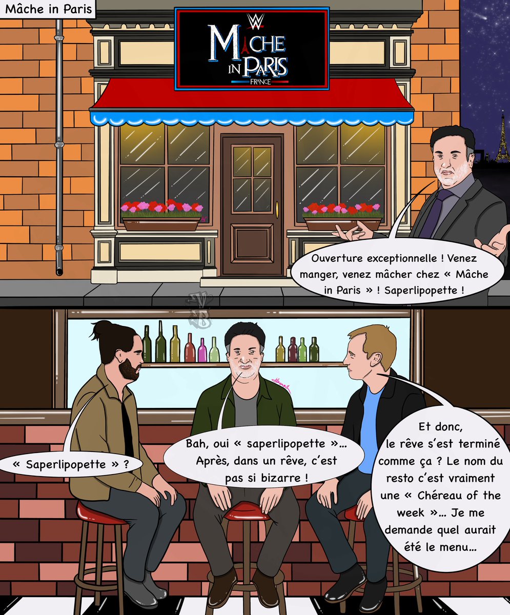RedZombenRacing's tweet image. 🚨 OUVERTURE EXCEPTIONNELLE 🚨 @PhilippeChereau, ayant du mal de décrocher après Clash in Paris, a -presque- décidé d’ouvrir un restaurant 🍽️ WWE à Paris sans que @CAgiusILD et @NadirMohammedi_ ne soient au courant ! 

À ce soir pour #WWERaw ! #ABWWE