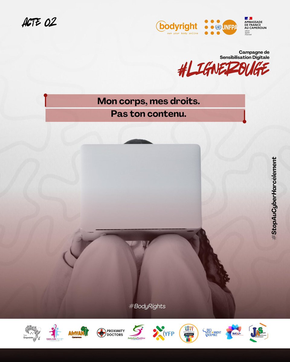 🔴 Mon corps m’appartient, mon image aussi.
Partager une photo intime sans consentement, ce n’est pas un jeu, c’est une violence.

#LigneRouge #StopCyberHarcelement #RespectEnLigne #ConsentementNumérique #MonCorpsMesDroits
@Bodyriht
<a href="/UNFPACameroon/">UNFPA au Cameroun</a> 
<a href="/CentreOdas/">Centre ODAS</a>