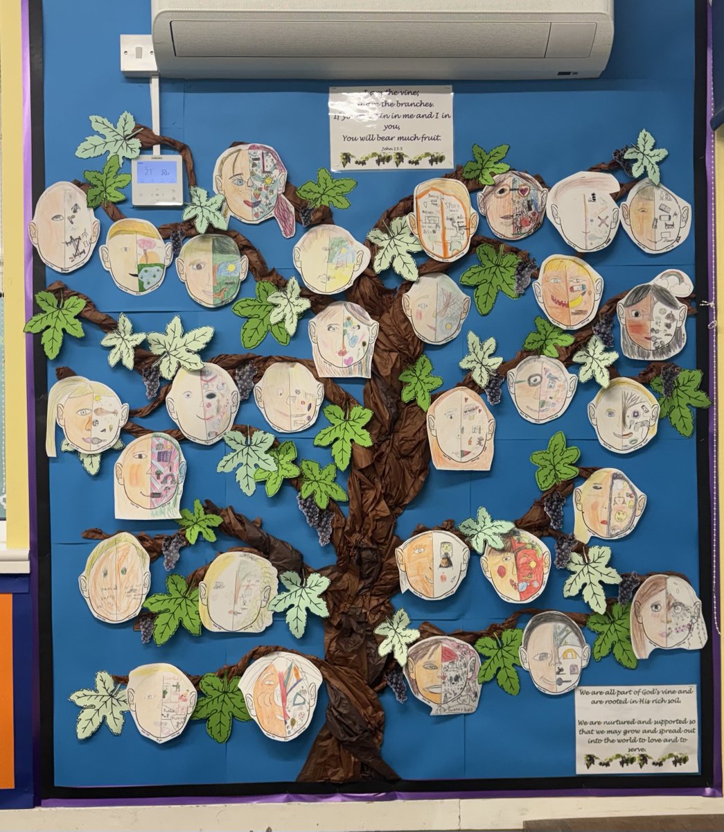Nightingale have drawn self portraits to create the fruit on their vine display, demonstrating our vision, "We are all part of God's vine and are rooted in His rich soil.  We are nurtured and supported so that we may grow and spread out into the world to love and to serve".