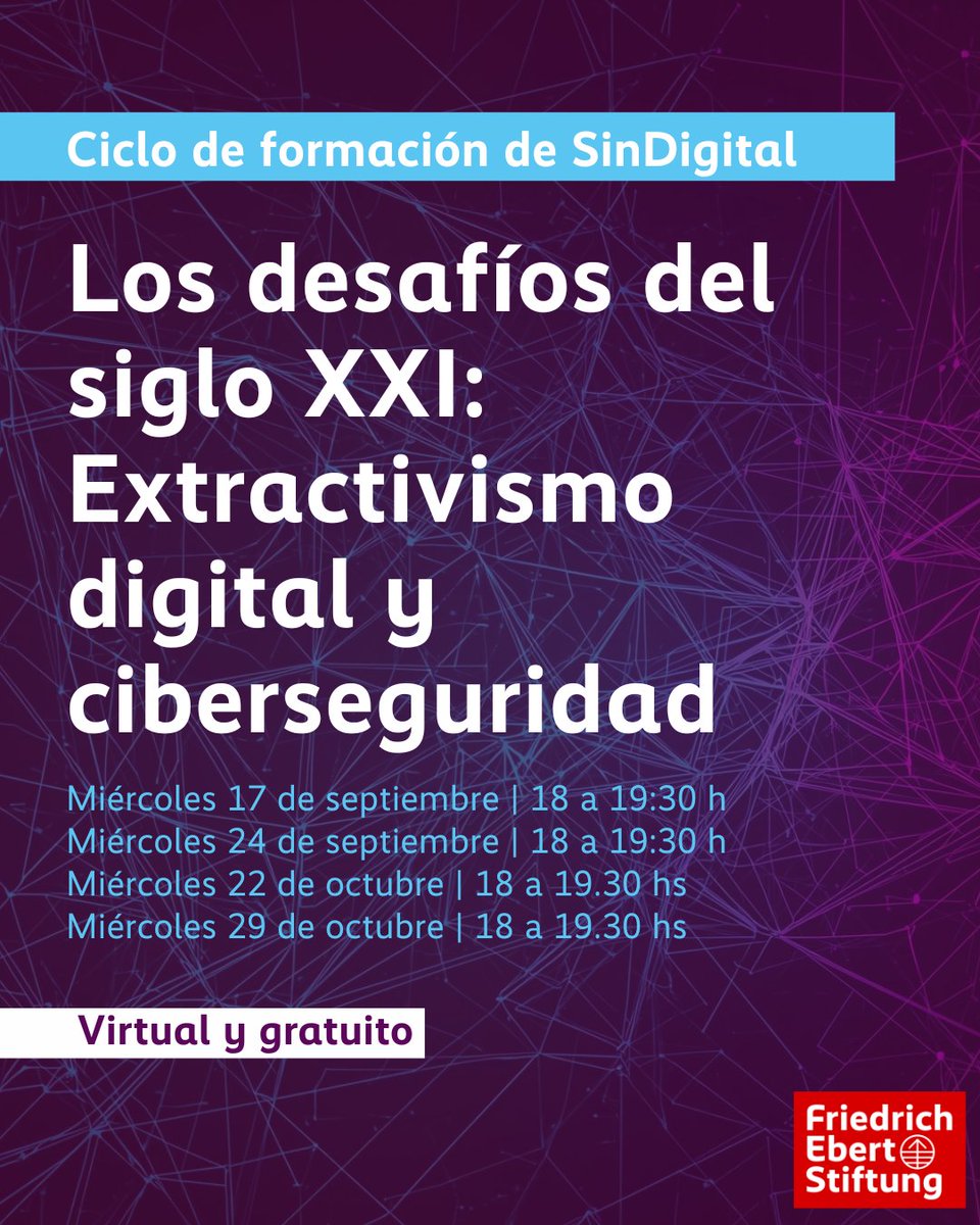 📢 ¡Llega un nuevo ciclo del programa SinDigital de FES Argentina! 

Esta capacitación de 4 encuentros ofrece herramientas y enfoques innovadores para reflexionar (y accionar) a partir del impacto de la #IA y las nuevas tecnologías en el trabajo.

Info👉 argentina.fes.de/e/ciclo-de-for…