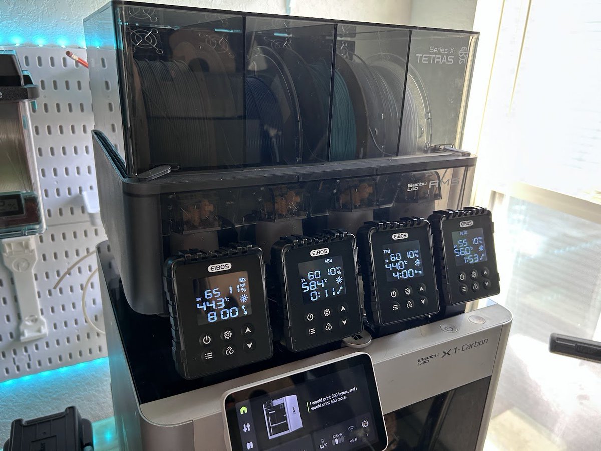 3DPrintGeneral's tweet photo. So far I have been really enjoying the @eibos3d Series X: TETRAS dryer AMS conversion.  
Its really nice to dry 4 spools while printing with one of them.  Got PPS-GF, ASA, TPU, and PETG all drying while printing in ASA. https://t.co/aMTDPgCqN2