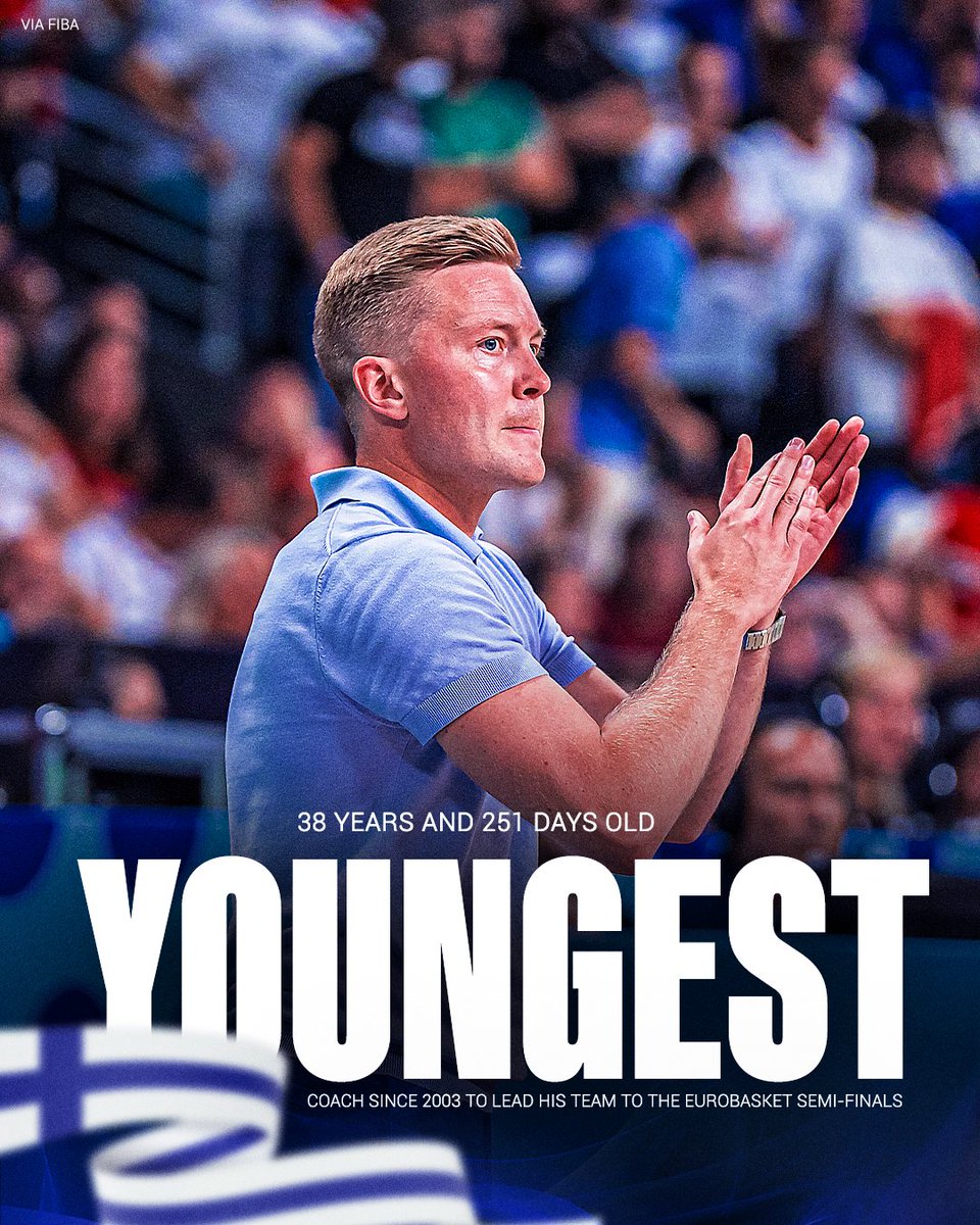 Lassi Tuovi, 38 years and 251 days old, became the youngest coach since 2003 to lead his team to the #EuroBasket semi-finals 👏🇫🇮