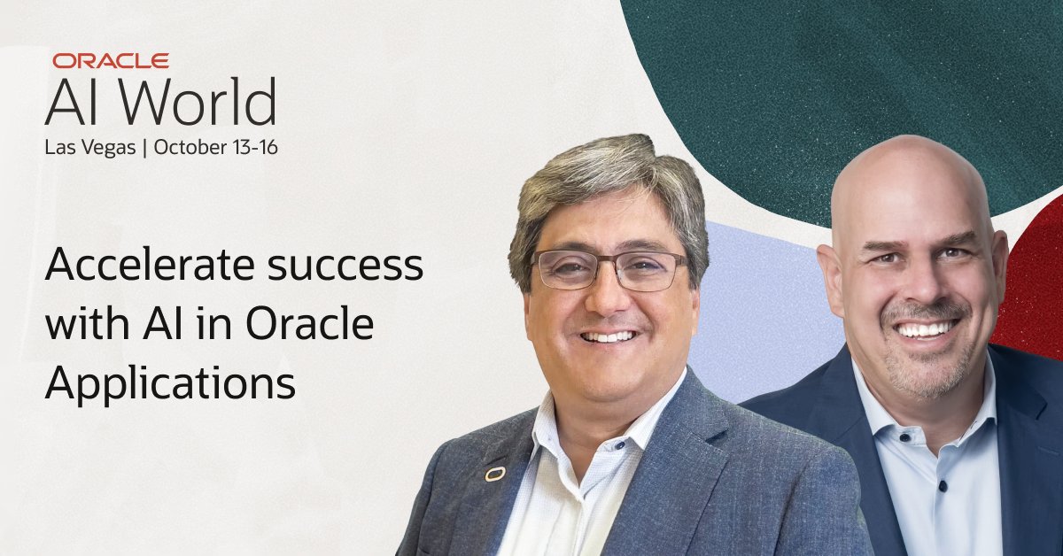 LyndieOracle's tweet photo. Join Oracle’s Steve Miranda and Mike Sicilia at #AIWorld to discover how new AI capabilities embedded in Oracle Applications can support your employees and customers in ways that were impossible before: https://t.co/s7VmfXB8Iq https://t.co/63P8nZuAnT