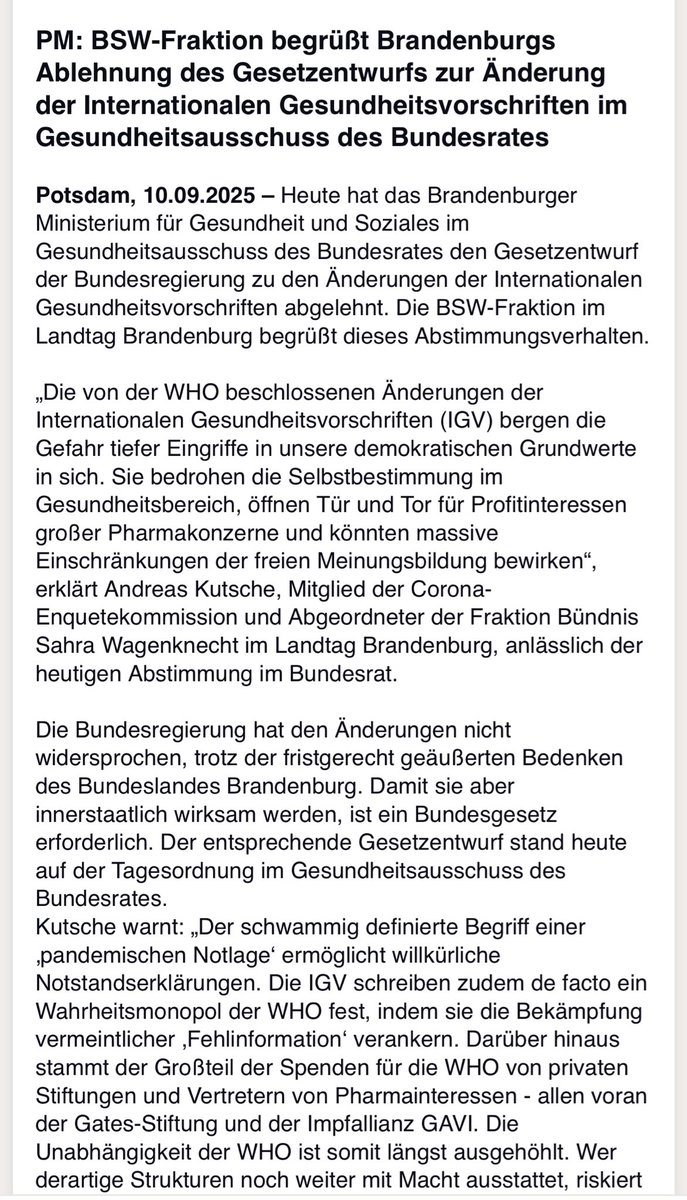 aya_velazquez's tweet image. Heute hat das brandenburgische Gesundheitsministerium im Gesundheitsausschuss des Bundesrates den Gesetzentwurf der Bundesregierung zu den Änderungen der Internationalen Gesundheitsvorschriften (IGV) abgelehnt. Hier die Pressemitteilung der BSW-Fraktion Brandenburg dazu.
