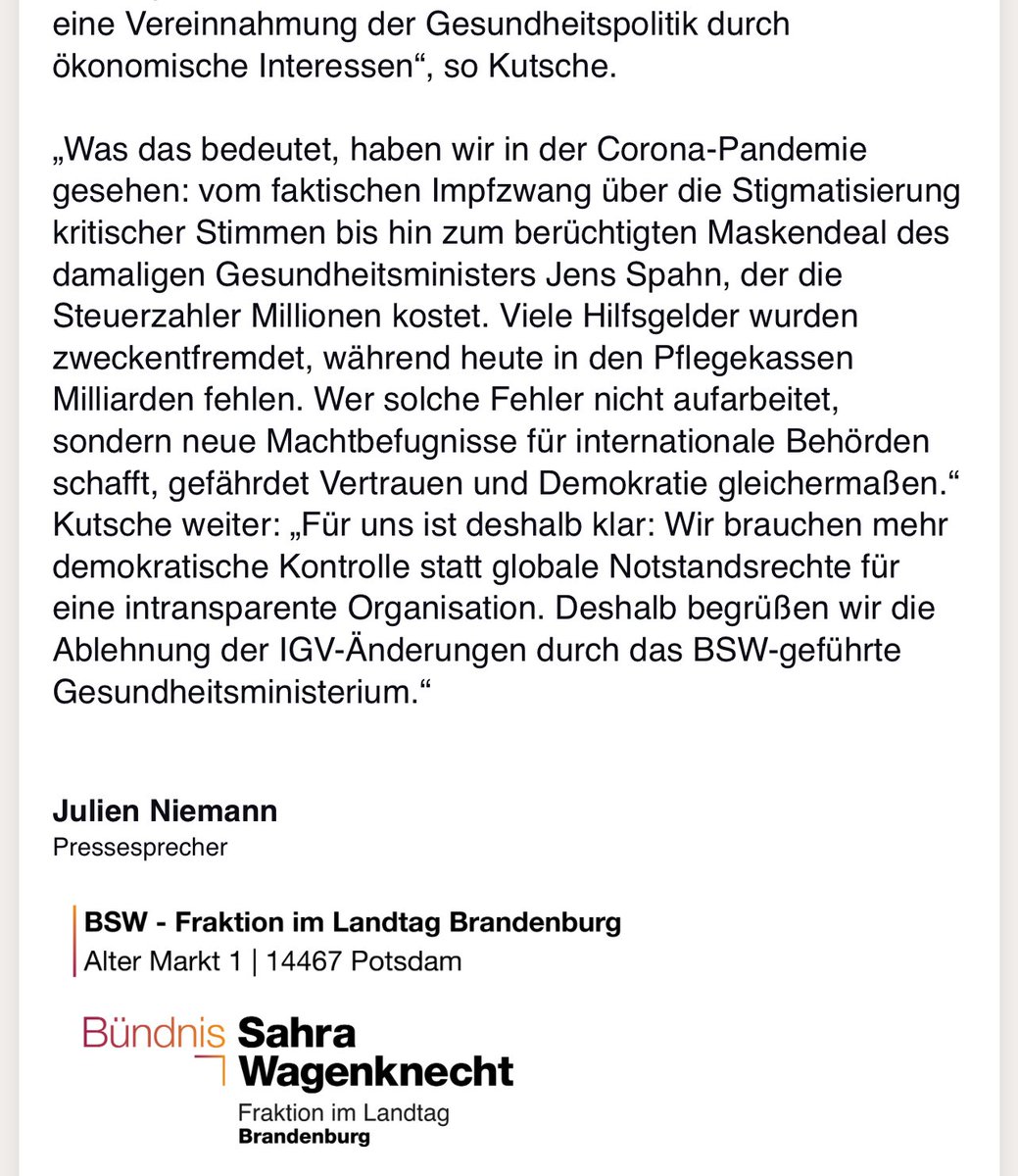 Heute hat das brandenburgische Gesundheitsministerium im Gesundheitsausschuss des Bundesrates den Gesetzentwurf der Bundesregierung zu den Änderungen der Internationalen Gesundheitsvorschriften (IGV) abgelehnt. Hier die Pressemitteilung der BSW-Fraktion Brandenburg dazu.