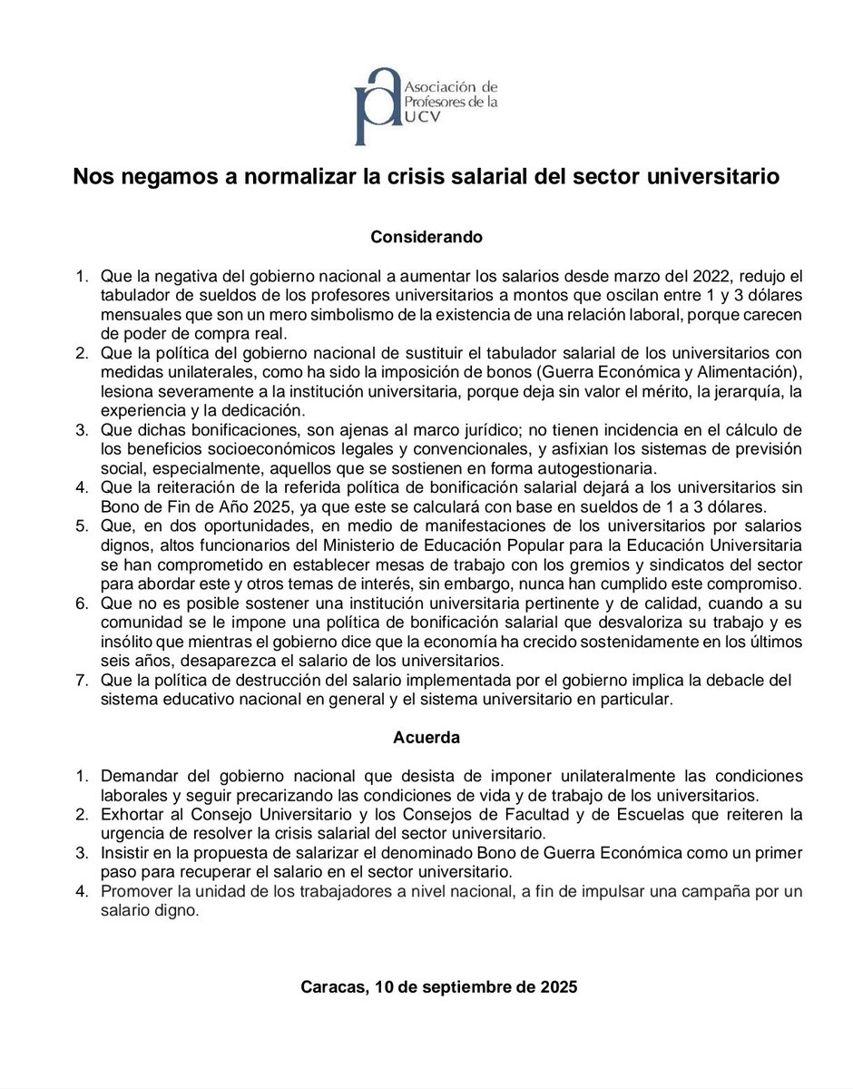 Comunicado de la Junta Directiva de la APUCV sobre la crisis salarial del sector universitario.

#UCV #Profesores #Venezuela #SalariosDignosYa #BonoNoEsSalario #AumentoSalarialYa