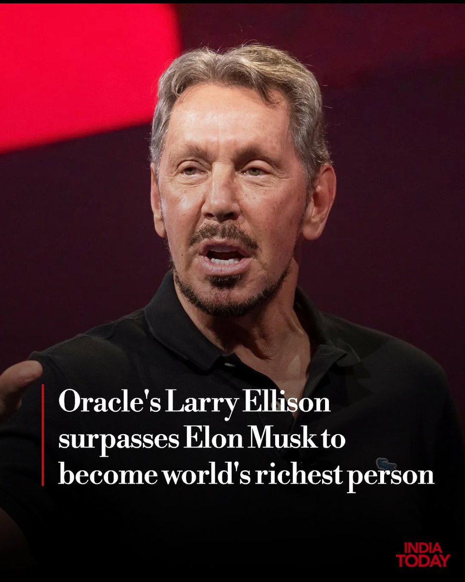 IndiaToday's tweet image. Oracle co-founder #LarryEllison has climbed to the top of the global wealth rankings for the first time in his career, overtaking #ElonMusk as the world’s richest individual.

Ellison’s net worth jumped by an unprecedented $101 billion in a single day after #OracleCorp delivered…