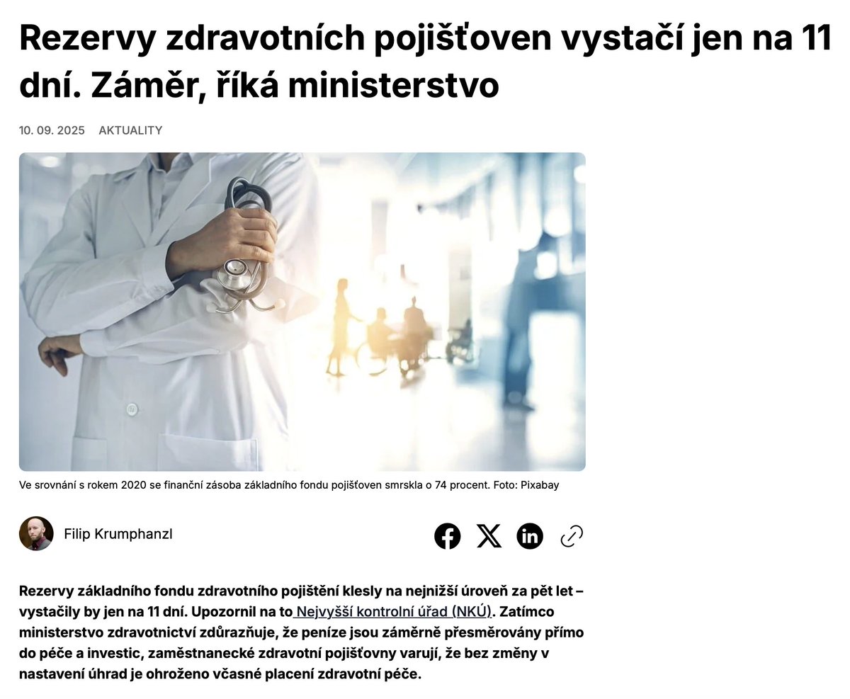 TOP09 a <a href="/vlvalek/">Vlastimil Válek</a> rekordně vyluxoval české zdravotnictví.  Už i NKU konstatuje, že právě za jeho úřadování klesly rezervní fondy zdravotních pojišťoven na historické minimum. Chybějící miliardy lze klidně přičíst k více než 1 200 mld. Kč, kterými zadlužil Česko <a href="/Zbynek_Stanjura/">Zbyněk Stanjura</a>.