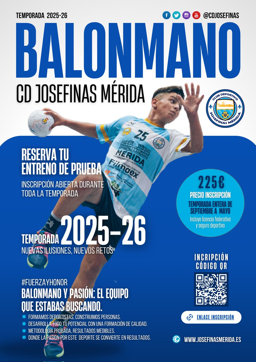 🤾‍♂️ Inscripción jugador@s Temporada 2025-26 #Balonmano <a href="/CDJosefinas/">🛡️ CD Josefinas Mérida 🤾‍♂️</a>
📝 Link formulario: forms.gle/ESiVgDiL9vhEYC…
💪 Ven, entrena, compite… ¡Y haz historia con nosotros!
👥 Para chicas y chicos a partir de 5 años
📞 639 244 088
🤍 #FUERZAYHONOR 💙