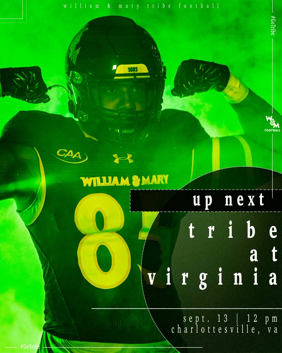 William & Mary Tribe Football (@wmtribefootball) on Twitter photo ๐ at Virginia
๐๏ธ Saturday, Sept. 13
โฐ Noon
๐ Charlottesville, Va.
๐๏ธ Scott Stadium
๐บ ACC Network
๐ป tideradio.com
๐ tribeathletics.com/livestats
๐ go.wm.edu/d22ywk
#GoTribe ๐ at Virginia
๐๏ธ Saturday, Sept. 13
โฐ Noon
๐ Charlottesville, Va.
๐๏ธ Scott Stadium
๐บ ACC Network
๐ป tideradio.com
๐ tribeathletics.com/livestats
๐ go.wm.edu/d22ywk
#GoTribe