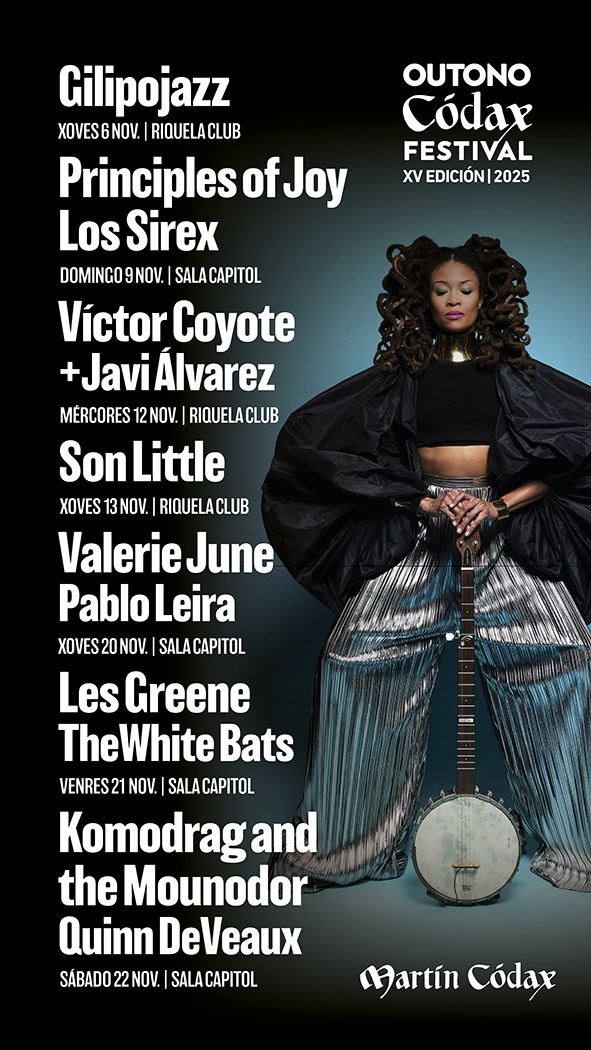 Aquí tes o cartel de concertos da 15ª edición do Outono Códax. Unha edición plural e vibrante, con novos horizontes sonoros. Os 50 primeiros abonos para os 4 concertos da Sala Capitol teñen un prezo de 55€ (+gx). Á venda en A Reixa-Matrioska e salacapitol.com