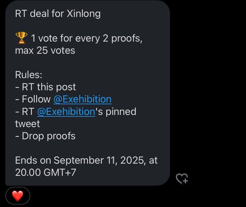 RT deal for Xinlong

🏆 1 vote for every 2 proofs, max 25 votes

Rules:
- RT this post
- Follow <a href="/Exehibition/">ؘExcel</a>
- RT <a href="/Exehibition/">ؘExcel</a>'s pinned tweet
- Drop proofs

Ends on September 11, 2025, at 22:00 KST