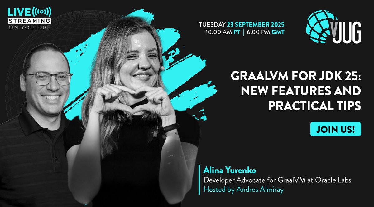 virtualJUG's tweet image. 📣 Calling all #Java devs!
On the 23 of Sep, join @alina_yurenko for “𝐆𝐫𝐚𝐚𝐥𝐕𝐌 𝐟𝐨𝐫 𝐉𝐃𝐊 25: 𝐍𝐞𝐰 𝐅𝐞𝐚𝐭𝐮𝐫𝐞𝐬 & 𝐏𝐫𝐚𝐜𝐭𝐢𝐜𝐚𝐥 𝐓𝐢𝐩𝐬” Hosted by @aalmiray
Save your spot & get ready to supercharge your builds ➡️ bit.ly/4689tMS
#GraalVM #vJUG