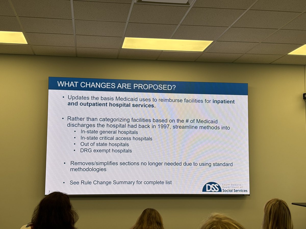 bethwarden's tweet photo. Changes realign with national methodology, according to a DSS staffer. LifeScape will remain a DRG exempt hospital. Changes only apply to hospitals. DSS is working with Lifescape to move away from antiquated reimbursement. A mom in the crowd says, “that’s new!” #SouthDakota https://t.co/dGeDjgYRkQ