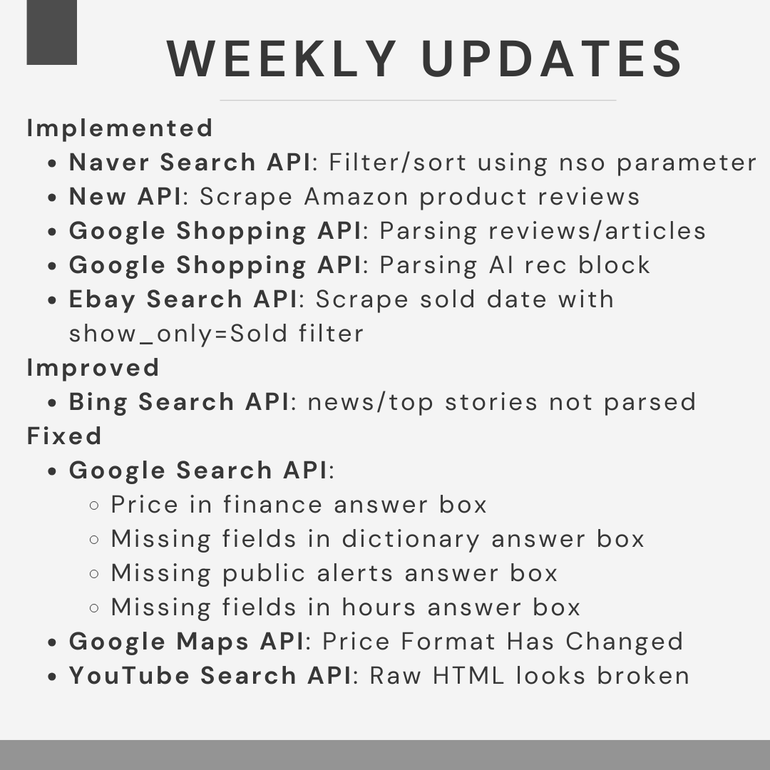 serp_api's tweet image. Weekly Updates (9/3–9/9):
🚀 Implemented: Naver, Amazon reviews, Google Shopping improvements, eBay filters
✨ Improved: Bing Search API
🔧 Fixed: Google Search, Maps, and YouTube APIs
Read full release notes here: serpapi.com/release-notes