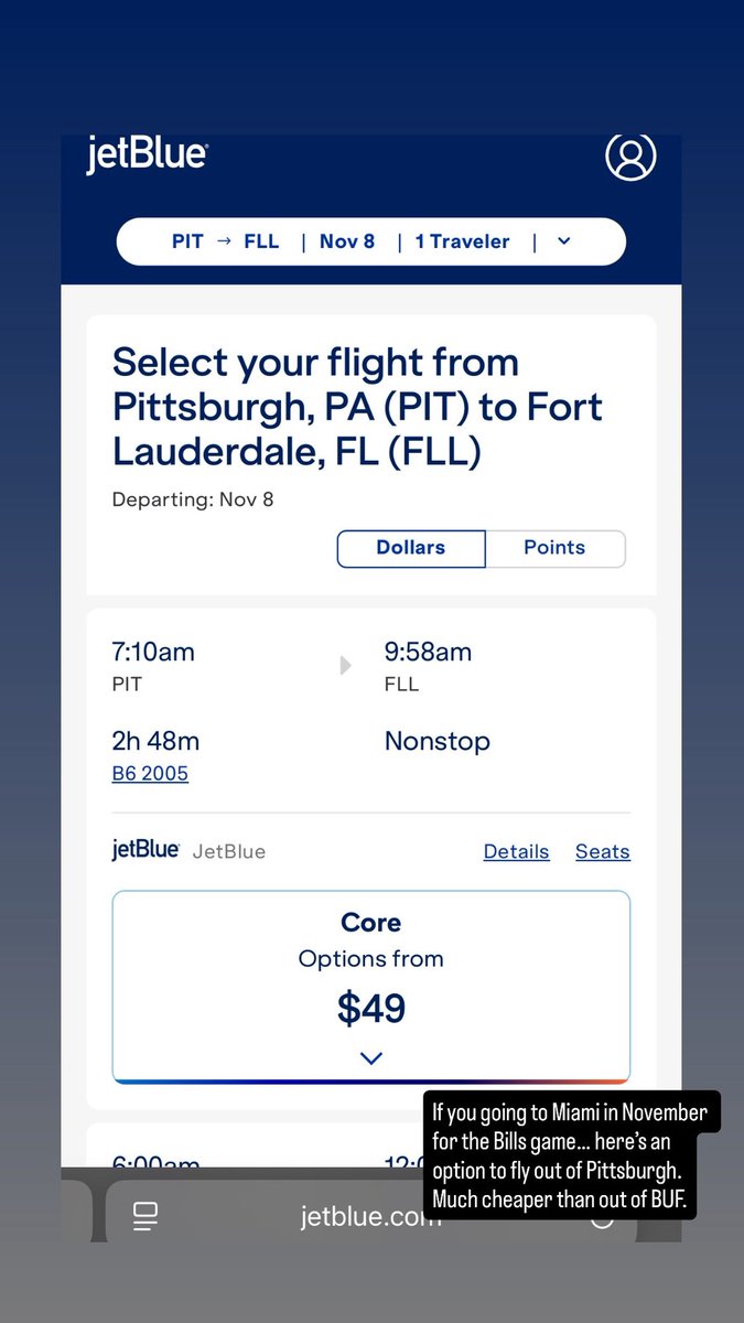 TJSchratz's tweet photo. If you going to Miami for the Bills/Phins game, jetBlue has cheap flights out of Pittsburgh to Fort Lauderdale. #GoBills #BillsMafia https://t.co/WHIlyweGXb