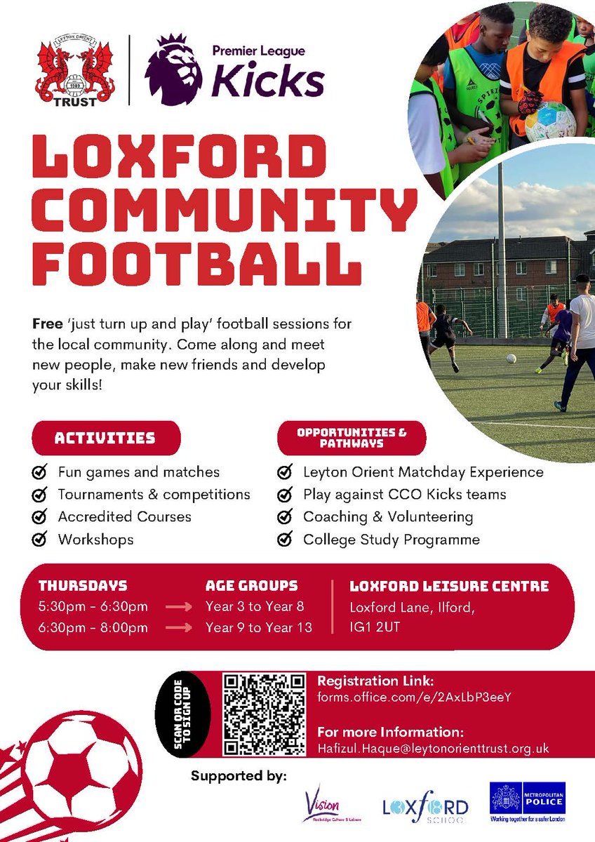 MPSRedbridge's tweet image. Come and join FREE Loxford Community Football session on Today! 

Register: forms.office.com/e/2AxLbP3eeY

Come along and meet new people, develop your skills and have some FUN!

#PremierLeagueKicks #LeytonOrient #VisionRedbridge #LoxfordSchool #MetPolice