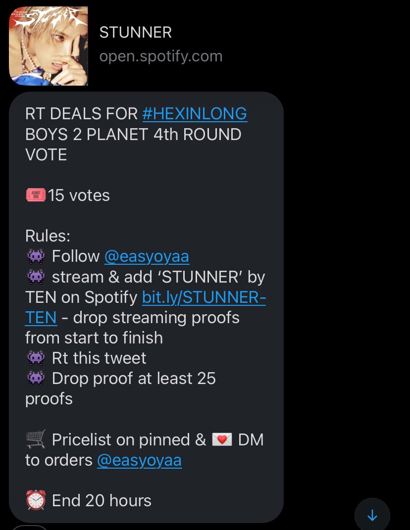 vote xinlong ☔️ (@x1nlonglong) on Twitter photo RT DEALS FOR #HEXINLONG
BOYS 2 PLANET 4th ROUND VOTE
🎟️15 votes
Rules:
👾 Follow <a href="/easyoyaa/">Yaya - mt after dm plz</a>
👾 stream & add ‘STUNNER’ by TEN on Spotify bit.ly/STUNNER-TEN - drop streaming proofs from start to finish
👾 Rt this tweet
👾 Drop proof at least 25 proofs
⏰ End 20 hours RT DEALS FOR #HEXINLONG
BOYS 2 PLANET 4th ROUND VOTE
🎟️15 votes
Rules:
👾 Follow <a href="/easyoyaa/">Yaya - mt after dm plz</a>
👾 stream & add ‘STUNNER’ by TEN on Spotify bit.ly/STUNNER-TEN - drop streaming proofs from start to finish
👾 Rt this tweet
👾 Drop proof at least 25 proofs
⏰ End 20 hours