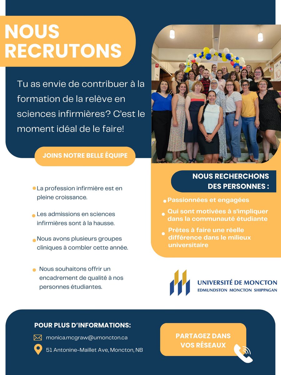 CNFSUdeM's tweet photo. Envie de transmettre votre savoir et contribuer à former la relève infirmière? 👩‍⚕️👨‍⚕️

L’École de science infirmière de l’Université de Moncton recrute!

📩Pour plus d’informations : monica.mcgraw@umoncton.ca https://t.co/7hfllT5dAX