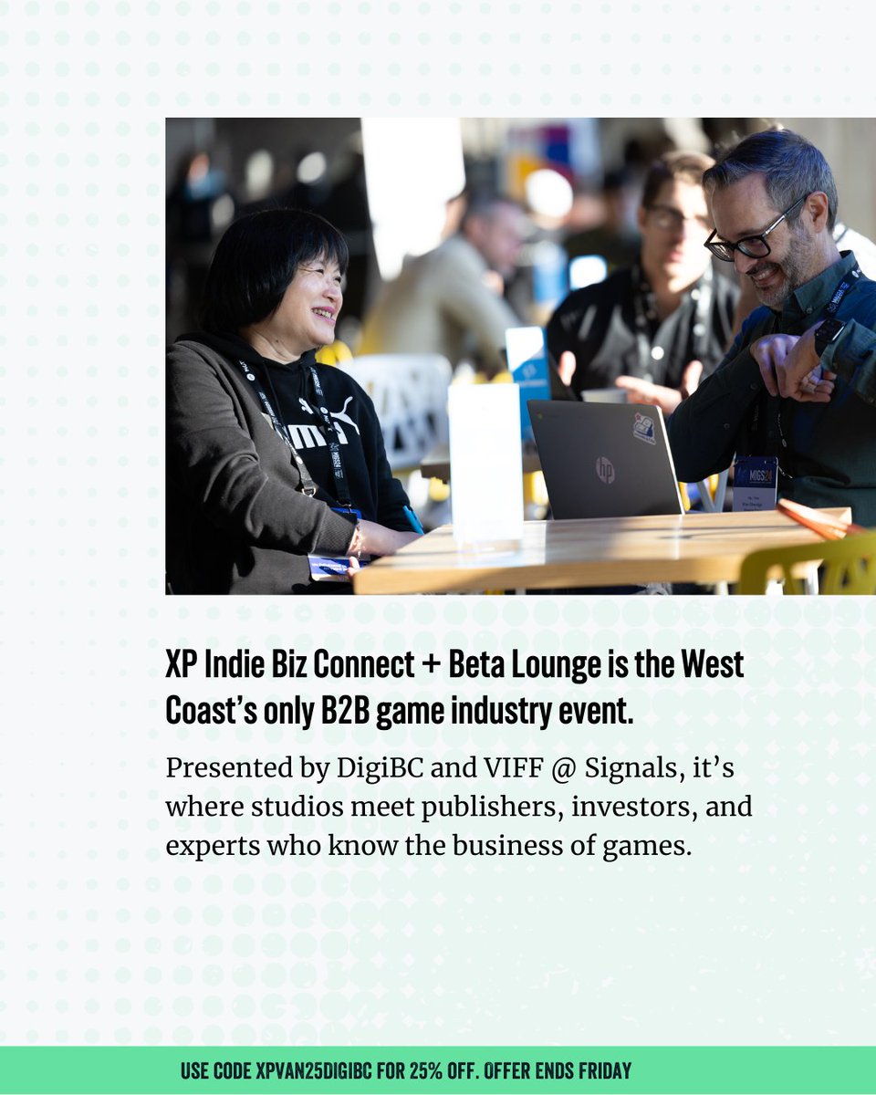 DigiBC's tweet image. On Oct 3–4, XP Indie Biz Connect + Beta Lounge is where you can learn the business of games.  

Use code XPVAN25DIGIBC at checkout for 25% off both Business and VIP Passes.  

Register here: signals.digibc.org/beta-lounge-xp… #XPIndieBiz #BetaLounge #GameDev #VancouverGames