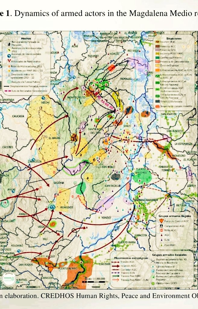 La dimensión espacial de la cruenta guerra en la zona minera del Sur de Bolívar: 
1) Contexto de tierras emergidas, dada su ubicación estratégica;
2) Apropiación física del territorio;
3) Imposición en el dominio de una formación sociopolítica del actor armado que controle;