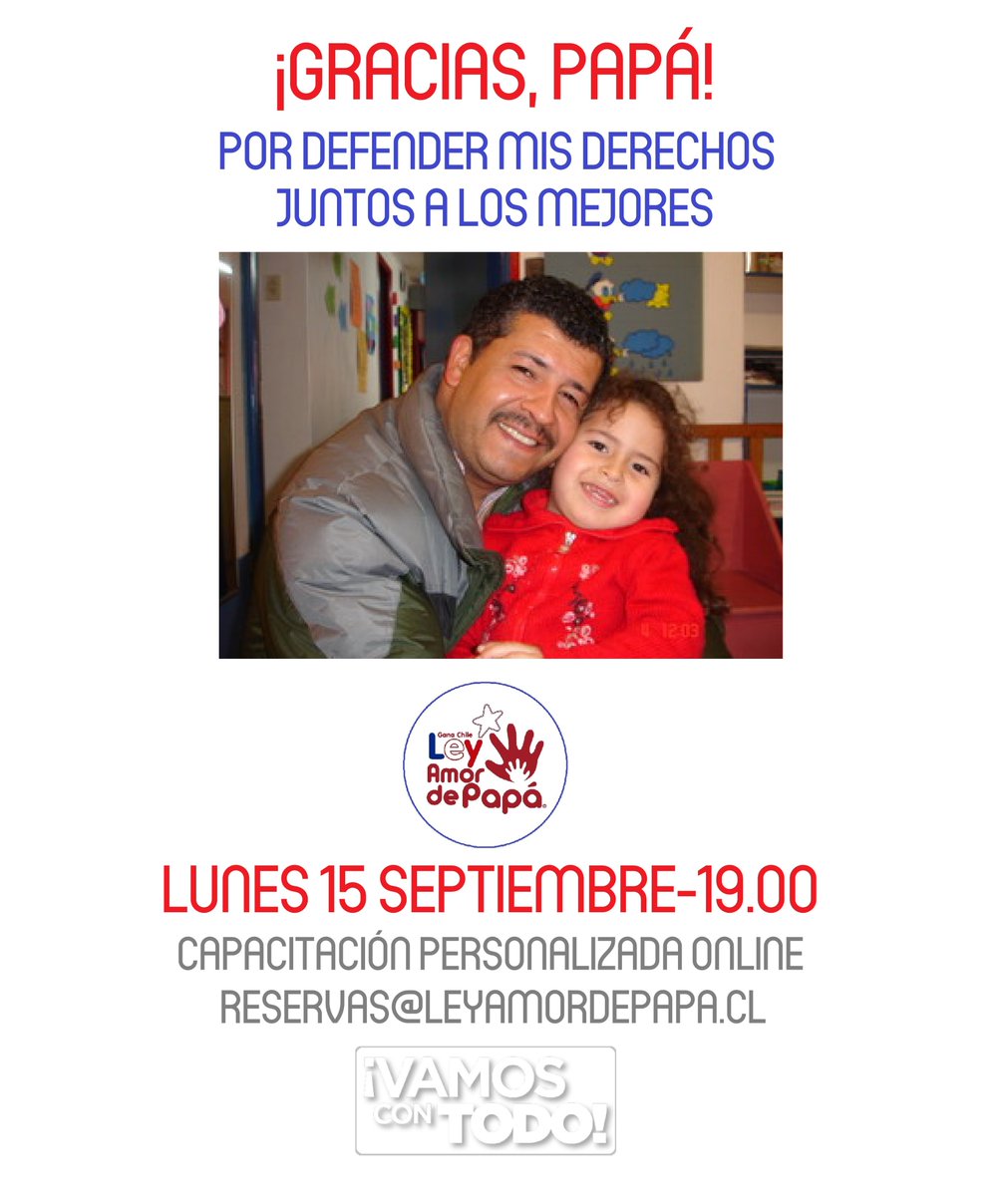 ¡VAMOS CON TODO! Ahora lo esperamos a usted, escríbanos al mail: reservas@leyamordepapa.cl

¿HASTA CUÁNDO ESPERARÁ PARA DEFENDER LOS DERECHOS DE SUS HIJOS?

Le recordamos:
CAPACITACIÓN ESPECIALIZADA Y PERSONALIZADA ONLINE en #LEYAMORDEPAPÁ

<a href="/AmordePapa/">Amor de Papá</a>
amordepapa.org