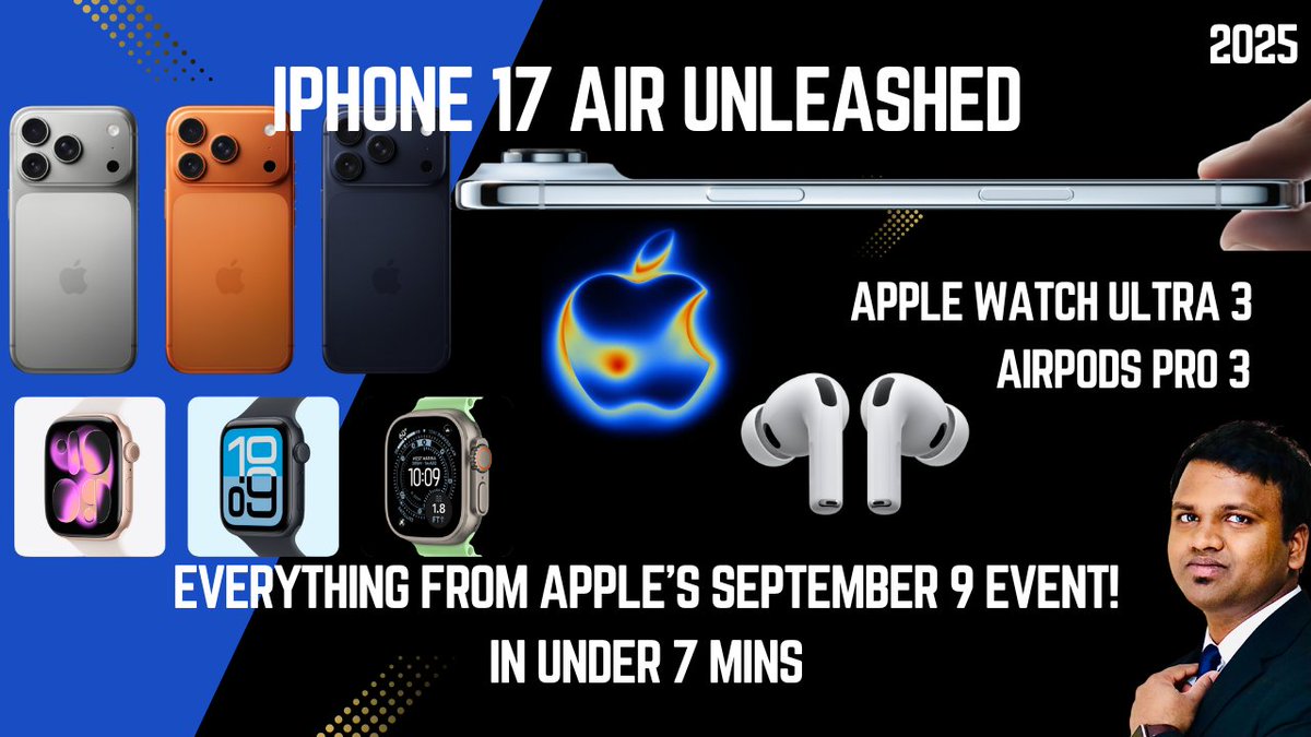 NMolathati's tweet image. Which impressed you more from Apple’s September Event?
📱 iPhone Air — 5.6mm thin
📸 iPhone 17 Pro Max — 8x optical zoom
🎧 AirPods Pro 3 — live translation + heart rate
⌚ Watch Ultra 3 — 42-hour battery
I just uploaded my recap on YouTube 🎥 👉 youtube.com/watch?v=DZr5SY…