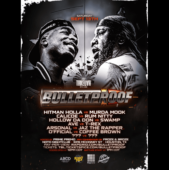 MikeRocks25's tweet image. 🔥 Get ready for BULLET PROOF PPV! 💥 Epic rap battles ft. #HitmanHolla vs #MurdaMook &amp;amp; more on 9/13/25! 🎤#BattleRap #BulletProof #TakeOvaBattleLeague 🏆rapgrid.com/bulletproof #RapBattle #BulletProof #TakeOvaBattleLeague 🏆