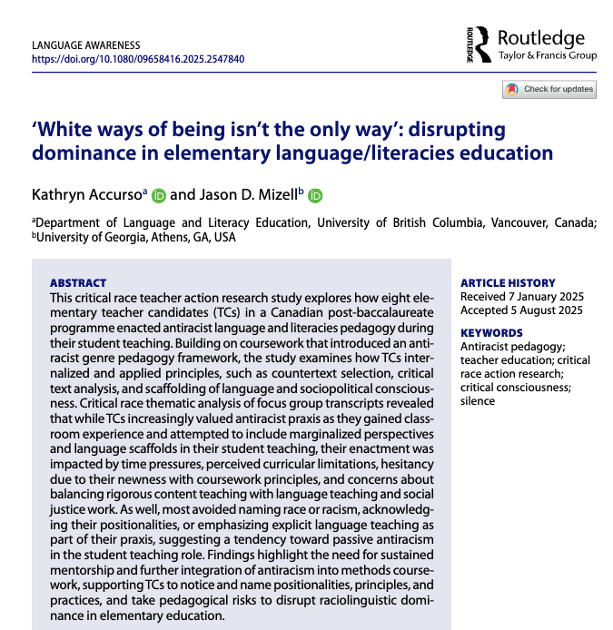 📚 Canadian student teachers tried antiracist language &amp; literacies teaching but often avoided naming race due to time &amp; curriculum limits. Mentorship is key to moving beyond “passive antiracism.” Abs.= Spanish. #TeacherEd #Antiracism