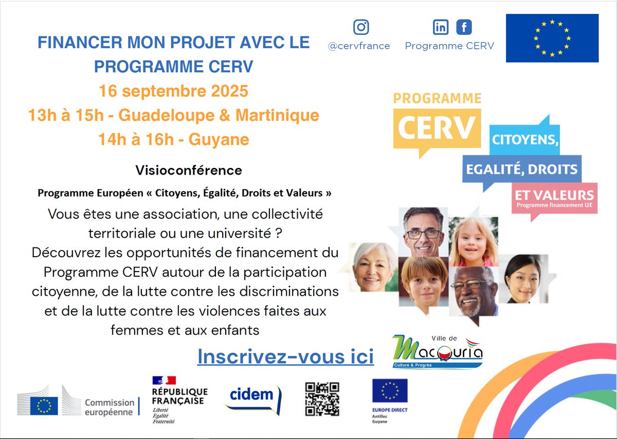 973Perfa's tweet photo. #Webinaire #CERV ce 16/09/2025 de 14h à 16h
Le programme Citoyens, Égalité, Droits et Valeurs=CERV intervient dans la promotion des valeurs de l’UE, la participation citoyenne et des échanges ainsi que la lutte contre les violences faites aux femmes/enfants et contre l'inégalité. https://t.co/KdMgBcY7EV