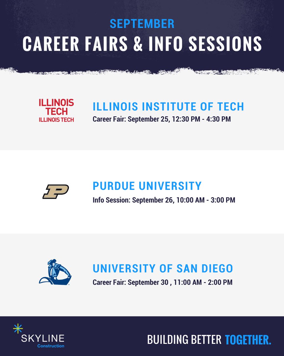 Skyline Construction is hitting the road this September! We’ll be at career fairs and info sessions across the country meeting the next generation of builders and innovators. If you’re passionate about shaping the future of construction, come find us at your campus fair.