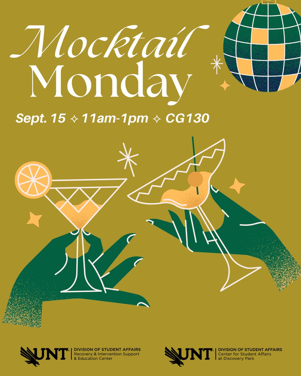 Center for Student Affairs at Discovery Park (@dplife_unt) on Twitter photo Mix it up with Mocktail Monday as we recognize National Alcohol and Drug Addiction Recovery Awareness Month! Join us, <a href="/UNTrecovery/">CRP at UNT</a>, and <a href="/UNTSUREprogram/">UNT SURE Program</a> to mix your own alcohol-free drink with syrups and grab your BAC card and mocktail recipe!
ποΈSeptember 15
β°11am-1pm
πCG130 Mix it up with Mocktail Monday as we recognize National Alcohol and Drug Addiction Recovery Awareness Month! Join us, <a href="/UNTrecovery/">CRP at UNT</a>, and <a href="/UNTSUREprogram/">UNT SURE Program</a> to mix your own alcohol-free drink with syrups and grab your BAC card and mocktail recipe!
ποΈSeptember 15
β°11am-1pm
πCG130
