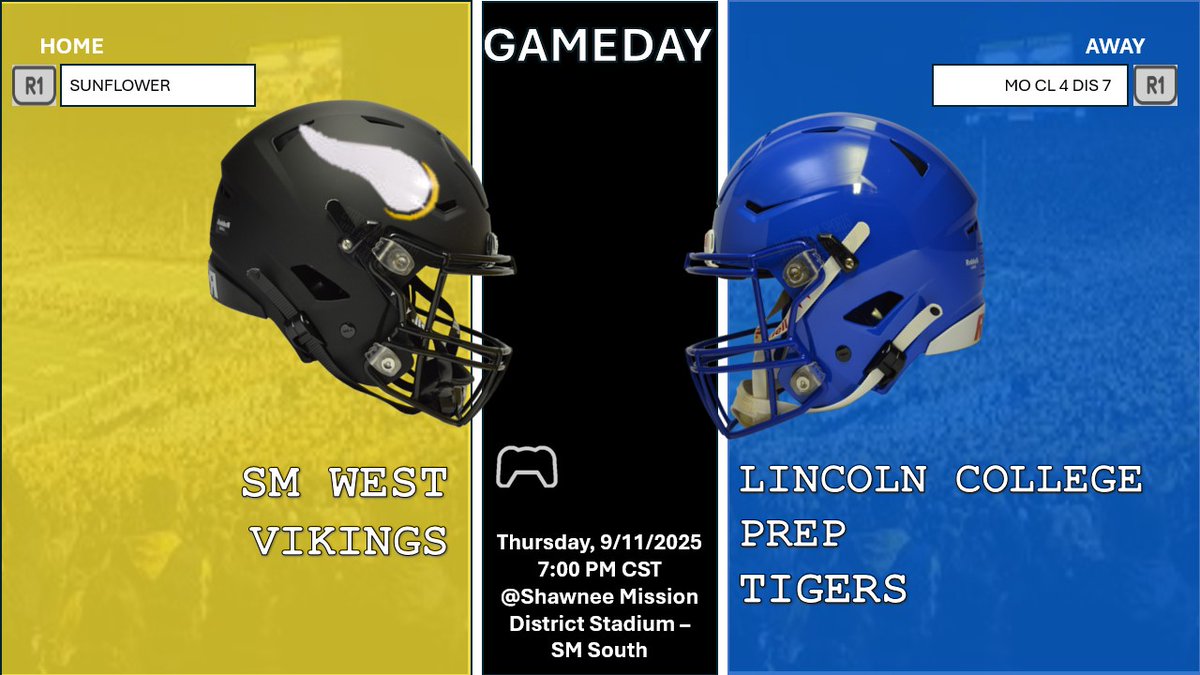 Come check out the Vikings in their Home opener against the Tigers of Lincoln College Prep!

🆚 Lincoln College Prep (MO)
🗓️ 9/11/2025
⏰ 7:00 PM
🏟️ Shawnee Mission District Stadium - SM South HS