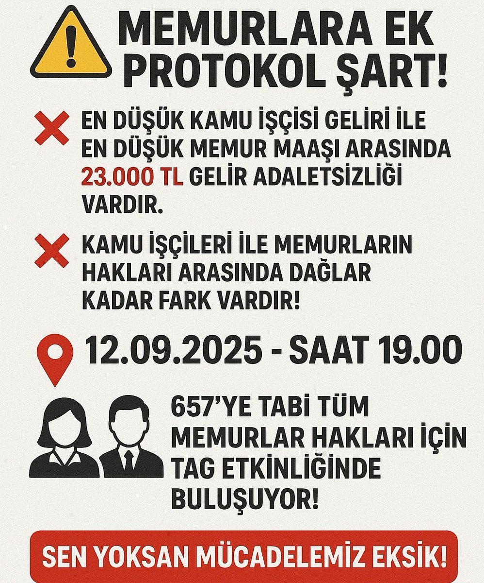 Sn. <a href="/_aliyalcin_/">Ali YALÇIN</a>  #MemurlaraEkProtokol görüşmeleri bir an evvel yapılmalıdır. 

#MemurlaraMaasReformu Bir an evvel hayata geçmelidir! 

 #MaastaAyrımcılıkVar Niteliksiz işçi ile nitelikli memur arasında 23.000 TL gelir farkı var. 

Memur,işçiden düşük gelir elde edemez!