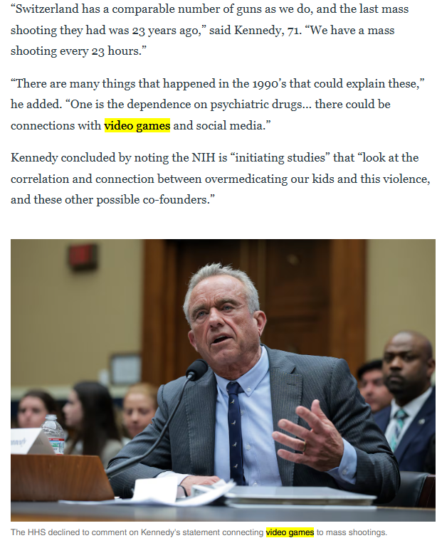 RFK blames video games for mass shootings.