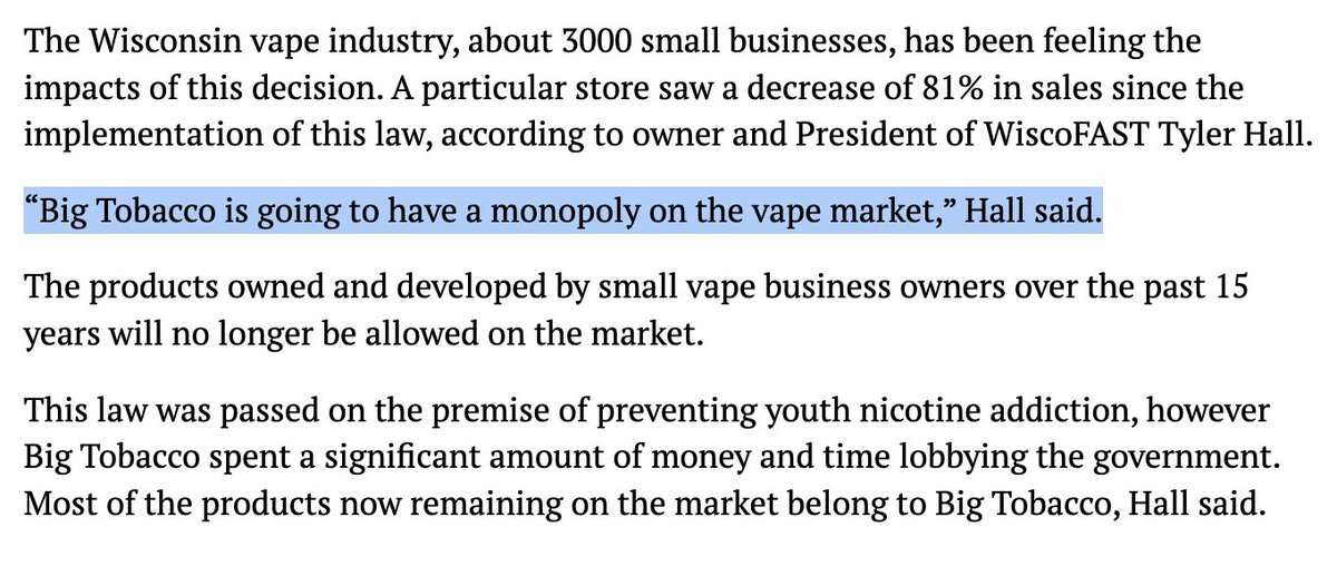 It's fun watching state legislators enact protectionist policies in order to give big tobacco a monopoly on vaping products in their states. 

Is fun the word i'm looking for? 

badgerherald.com/news/wisconsin…