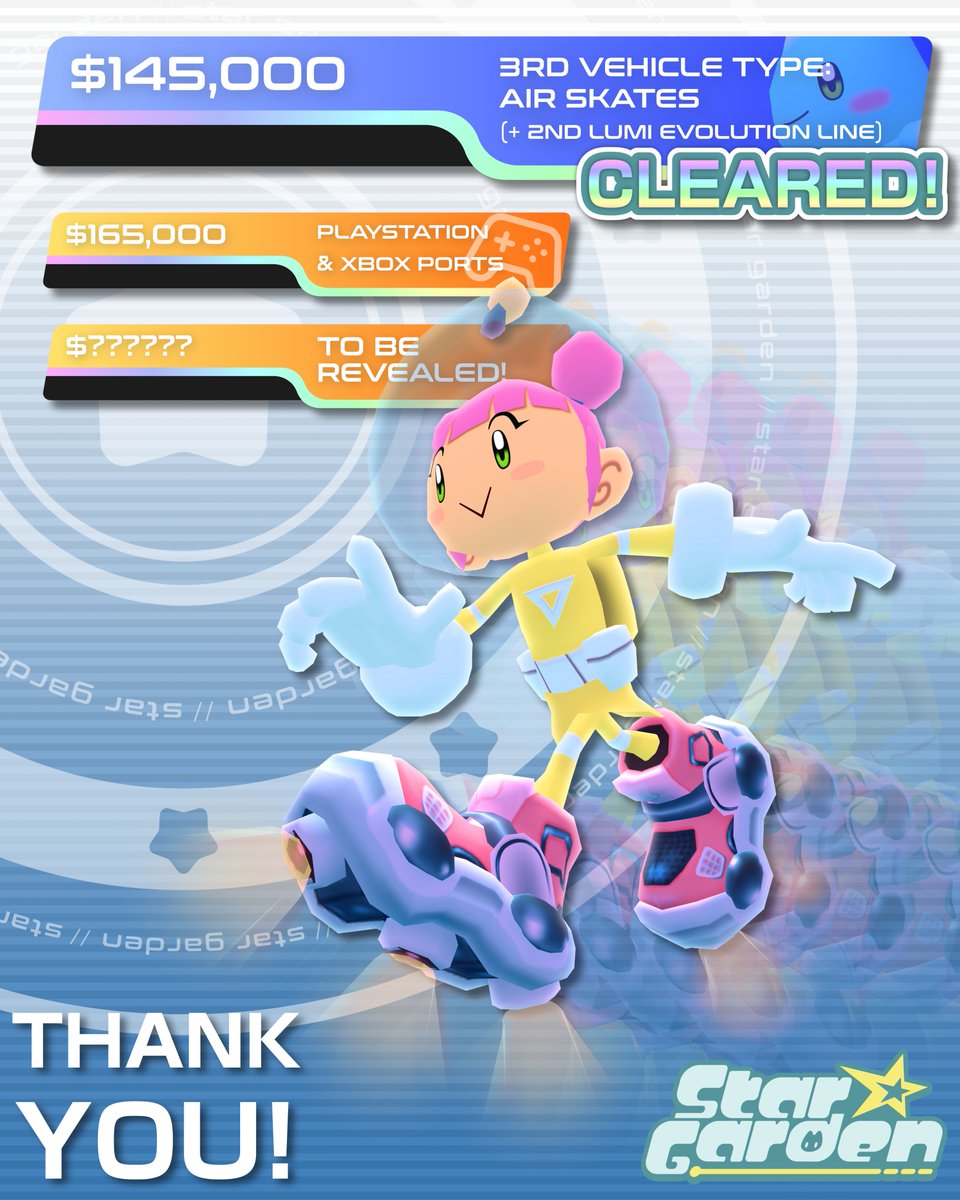 Thanks to you, the AIR SKATES vehicle type will be included in the full Star Garden game! Also, a second Lumi evolution line, which means DOUBLE the Lumi! 🛼

We're so close to our next stretch goal, let's keep going strong! 💫