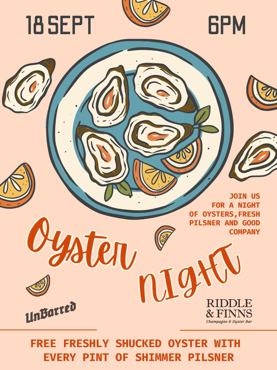 🦪✨ OYSTER NIGHT ✨🍺

Join us &amp; Riddle and Finns on 18th September from 6PM in the taproom for a night of oysters and our brand new Modern Hopped Pilsner, Shimmer! 

SEE YOU NEXT WEEK 🍻