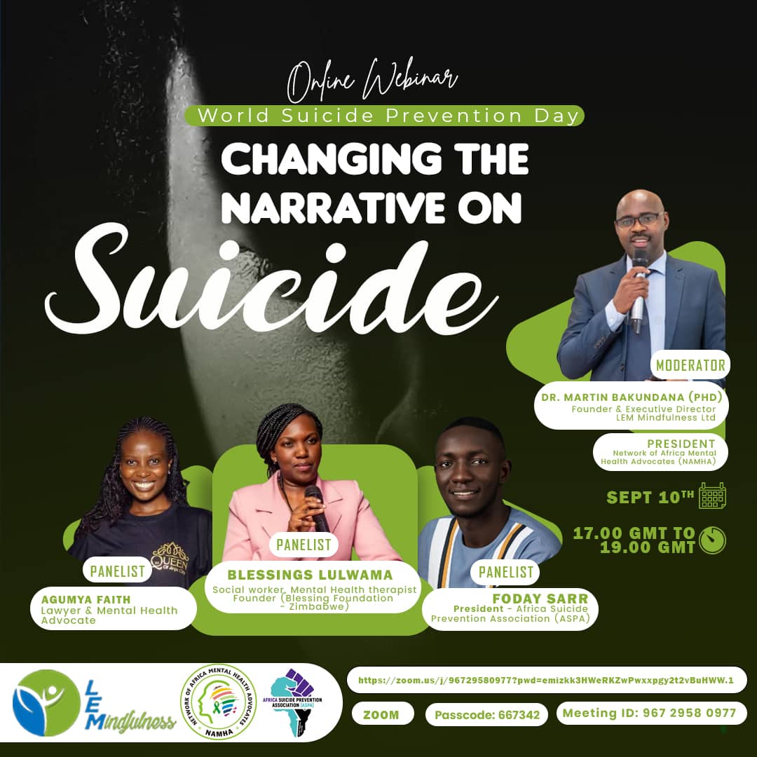 Join us this evening as we dive deep into Conversations  #WorldSuicidePreventionDay  with Blessing Masyola of <a href="/blessingfound/">Blessing Foundation</a>, Ms Agumya Faith <a href="/faithagumya/">Faith Agumya Jemimah</a> and USPA President Mr. @FodaySarr. 
Theme: Changing the Narrative on Suicide! Join on Zoom. Details on the Flier