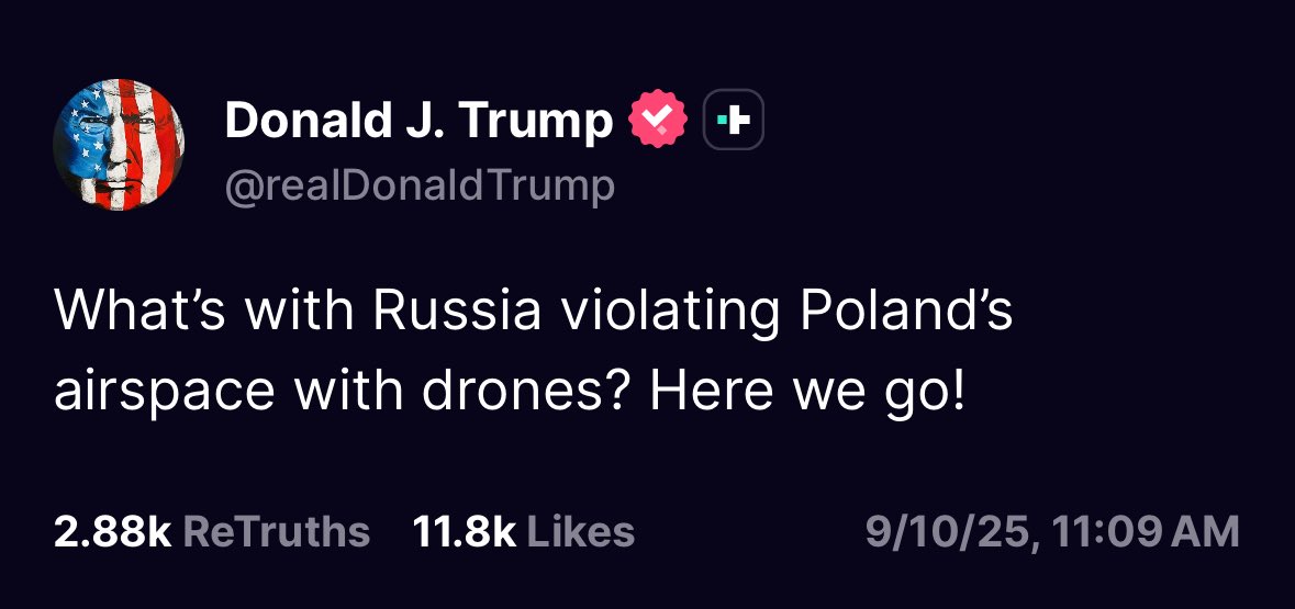 📉KOBEISSI: Trump commenta l'abbattimento di droni russi da parte della NATO: "Ecco che ci siamo!"
