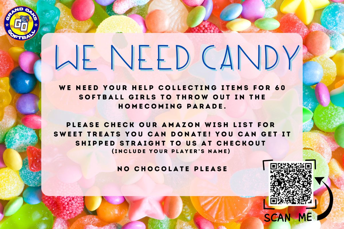 We kindly ask that each player donate 1 item. Please include your player's name on the item being delivered. Thanks for supporting our softball program! 🍭🍬