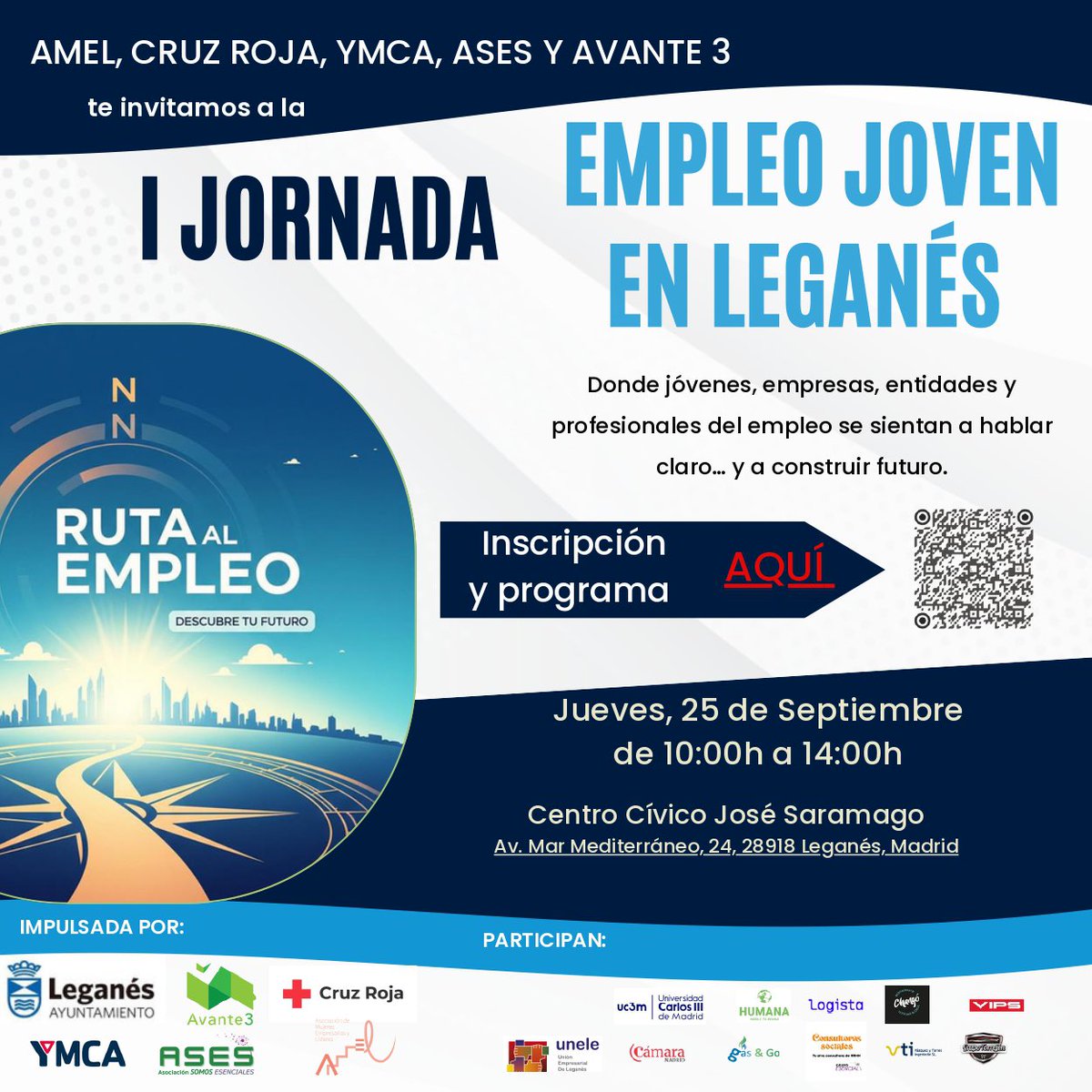 👩🏻‍💻  I Jornada de Empleo Joven en #Leganés que tendrá lugar el próximo 25 de septiembre de 10:00 a 14:00 horas en el Centro Cívico José Saramago de Leganés.

➡️ El Ayuntamiento, <a href="/CruzRojaEsp/">Cruz Roja Española</a>, <a href="/3Avante/">Avante 3</a>, <a href="/ymca_esp/">YMCA España</a>, <a href="/amel_leganes/">AMEL.LEGANES</a> y ASES te invitan un evento diseñado para conectar a
