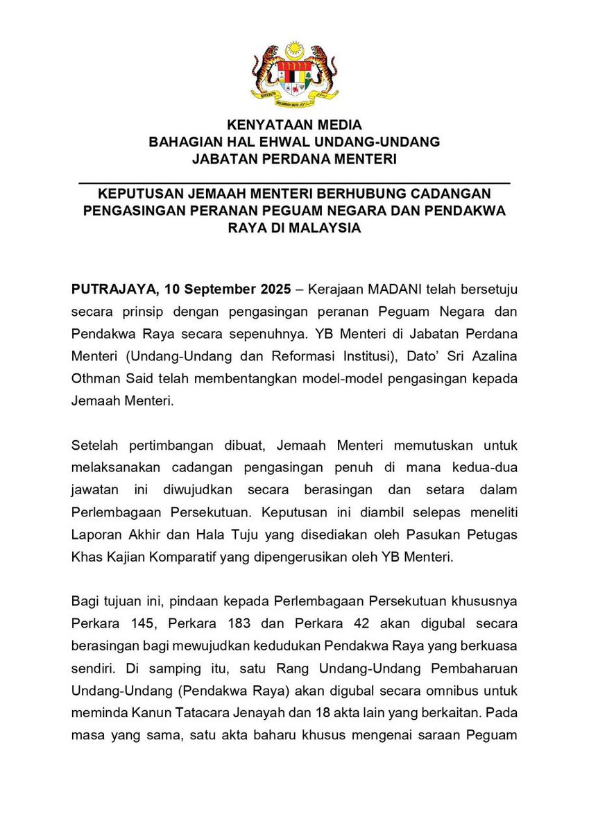 AKV9021's tweet photo. Cabinet has approved the framework for separating the roles of the AG and Public Prosecutor. 

A reform that has been demanded since about 2 decades ago.

Only took this Government half a term https://t.co/AVQ2BsUVla