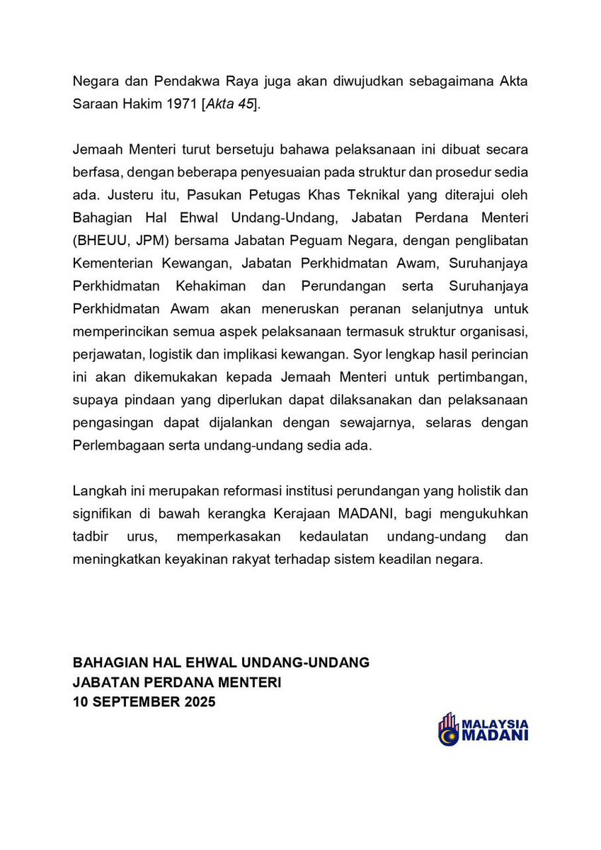 AKV9021's tweet photo. Cabinet has approved the framework for separating the roles of the AG and Public Prosecutor. 

A reform that has been demanded since about 2 decades ago.

Only took this Government half a term https://t.co/AVQ2BsUVla